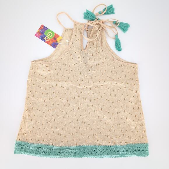Gypsy Queen Paris Collection Beige & Turquoise Eyelet Halter Top - Size M/L -NWT - Picture 13 of 16